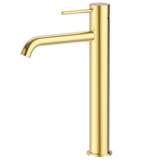 Cylindro Slimline SS Highrise Basin Mixer Curved Spout Brushed Gold