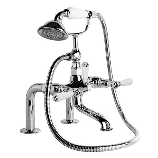 Brodware Neu England Bath Mixer With Hand Shower White Porcelain Lever Durobrite Chrome 1