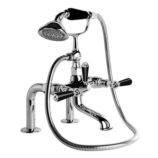 Brodware Neu England Bath Mixer With Hand Shower Black Porcelain Lever Durobrite Chrome