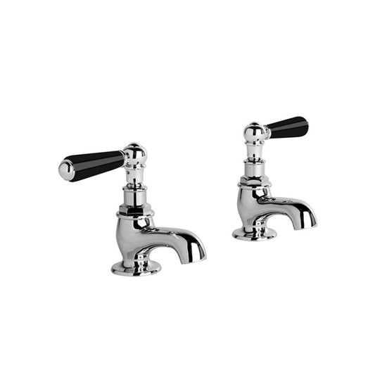 Brodware Neu England Pillar Taps With Flow Control And Black Porcelain Lever Durobrite Chrome