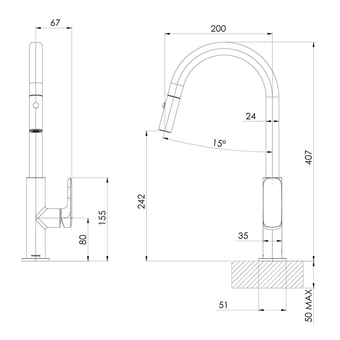 Phoenix Nuage Pull Out Sink Mixer 200mm Chrome - Lead Free