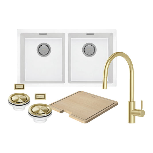 Phoenix Sink Package 2 - Matte White Sink & Brushed Gold Mixer