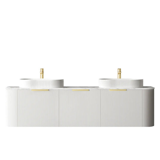 Otti Bondi 1800mm Satin White Fluted Wall Hung Curve Vanity (Natural Marble Top, Natural Carrara Marble)
