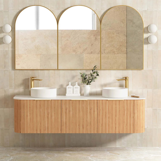 Otti Bondi 1800mm Woodland Oak Fluted Curve Vanity (Ultra Deluxe Stone Top, Silica Free Cloudy Carrara, Semi Drill)