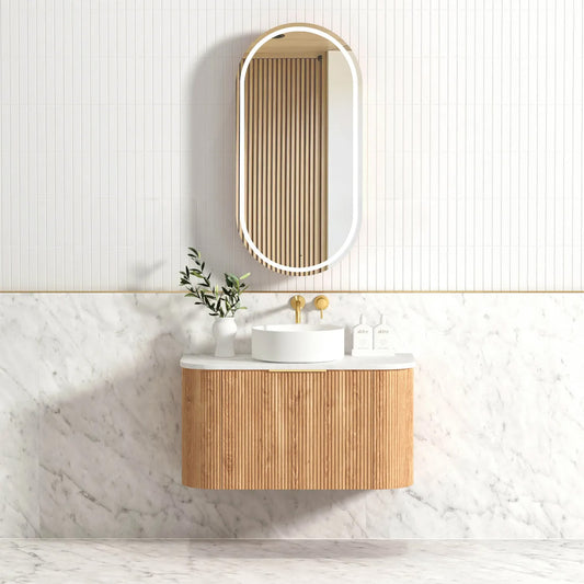 Otti Bondi 900mm Woodland Oak Fluted Curve Vanity (Ultra Deluxe Stone Top, Silica Free Cloudy Carrara, Semi Drill)