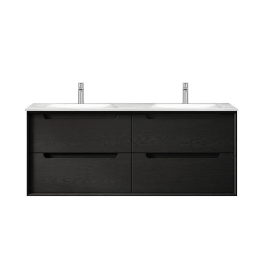Otti Byron 1200mm Black Oak Wall Hung Vanity Double Bowl (Slimline Ceramic Top, Gloss White, Taphole 12 O'clock)