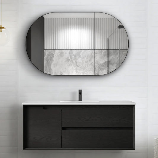 Otti Byron 1200mm Black Oak Wall Hung Vanity (Slimline Ceramic Top, Gloss White, Taphole 12 O'clock)