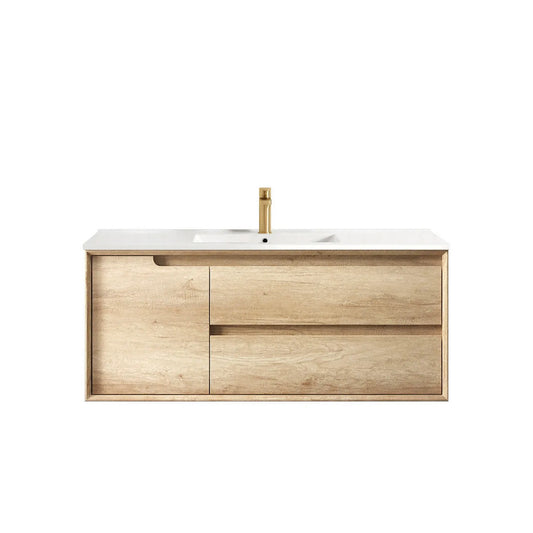 Otti Byron 1200mm Natural Oak Wall Hung Vanity (Slimline Ceramic Top, Gloss White, Taphole 12 O'clock)