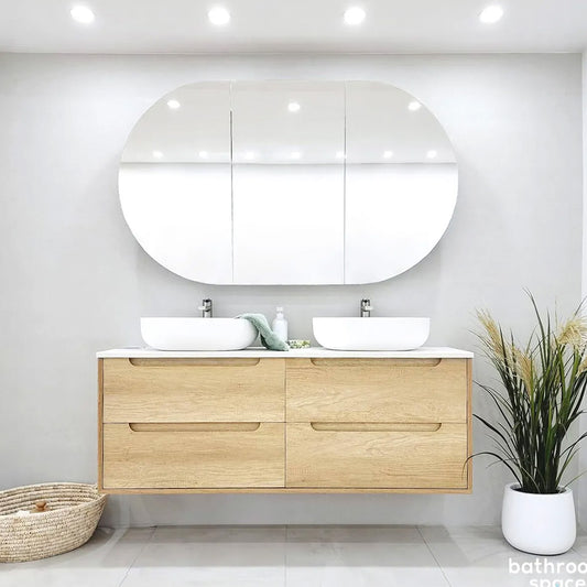 Otti Byron 1200mm Natural Oak Wall Hung Vanity Double Bowl (Rock Plate Counter Top, Mont Blanc, Taphole 12 O'clock)
