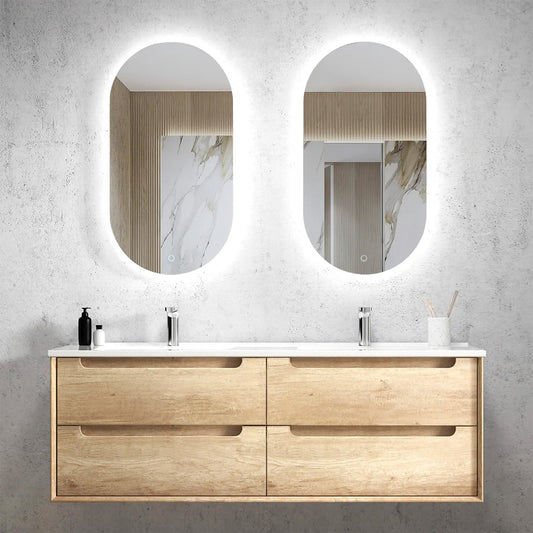 Otti Byron 1500mm Natural Oak Wall Hung Vanity (Slimline Ceramic Top, Gloss White, Taphole 12 O'clock)