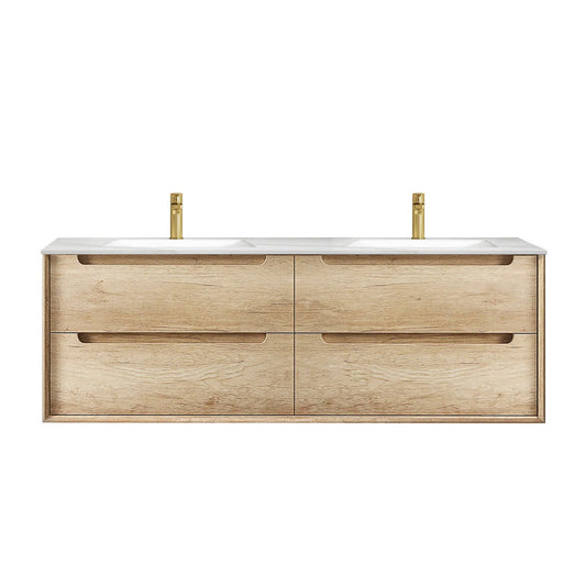 Otti Byron 1500mm Natural Oak Wall Hung Vanity (60mm Stone Top, Mont Blanc, Taphole 12 O'clock)