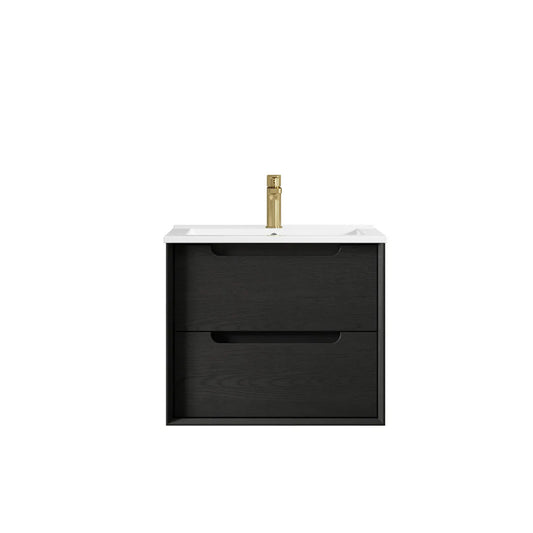 Otti Byron 600mm Black Oak Wall Hung Vanity (Slimline Ceramic Top, Gloss White, Taphole 12 O'clock)