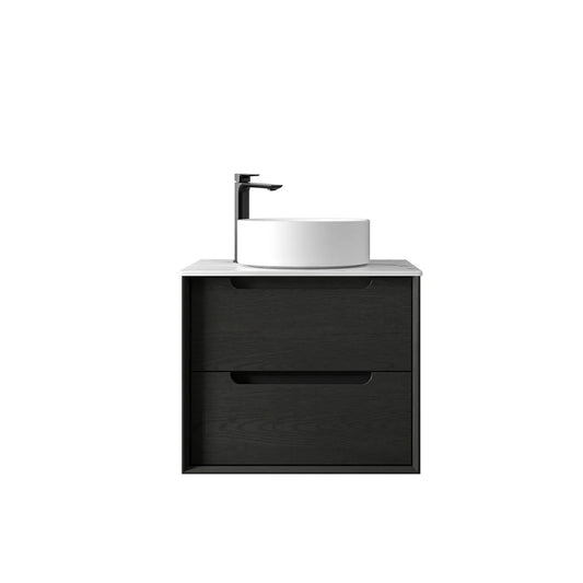 Otti Byron 600mm Black Oak Wall Hung Vanity (Rock Plate Counter Top, Silica Free Cloudy Carrara, Taphole 10 O'clock)