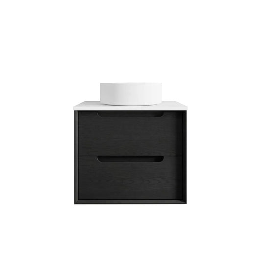 Otti Byron 600mm Black Oak Wall Hung Vanity (Ultra Deluxe Stone Top, Silica Free Matte White, Semi Drill)