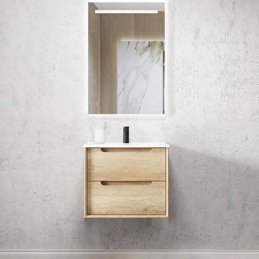 Otti Byron 600mm Natural Oak Wall Hung Vanity (Slimline Ceramic Top, Gloss White, Taphole 12 O'clock)