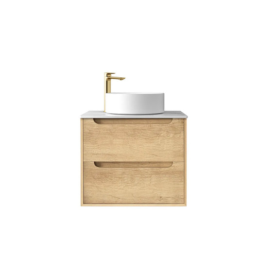 Otti Byron 600mm Natural Oak Wall Hung Vanity (Rock Plate Counter Top, Silica Free Cloudy Carrara, Taphole 10 O'clock)