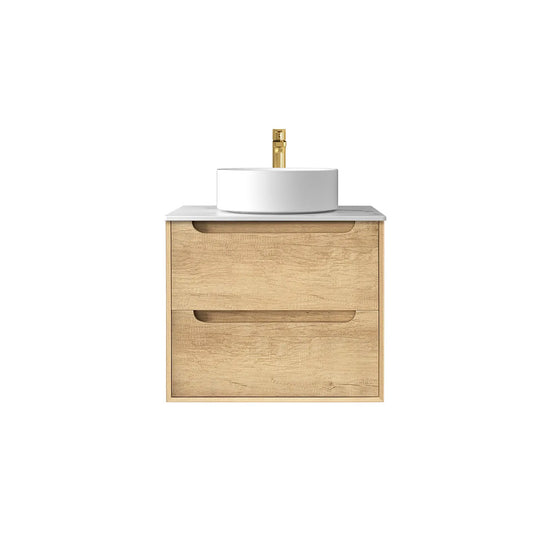 Otti Byron 600mm Natural Oak Wall Hung Vanity (Rock Plate Counter Top, Silica Free Cloudy Carrara, Taphole 12 O'clock)
