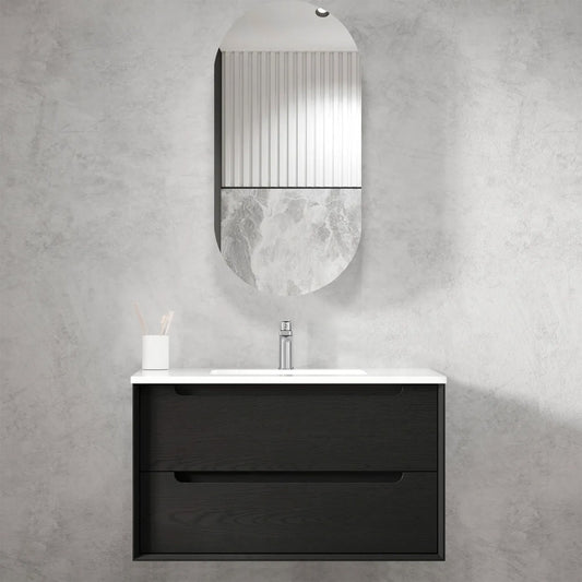 Otti Byron 900mm Black Oak Wall Hung Vanity (Slimline Ceramic Top, Gloss White, Taphole 12 O'clock)