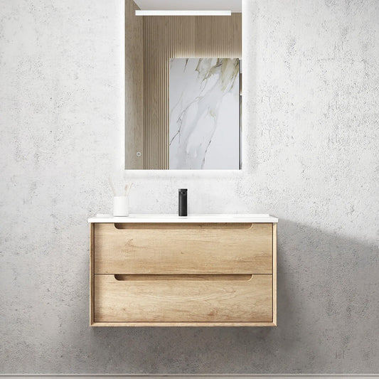 Otti Byron 900mm Natural Oak Wall Hung Vanity (Slimline Ceramic Top, Gloss White, Taphole 12 O'clock)