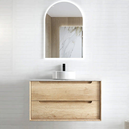 Otti Byron 900mm Natural Oak Wall Hung Vanity (Ultra Deluxe Stone Top, Silica Free Cloudy Carrara, Semi Drill)