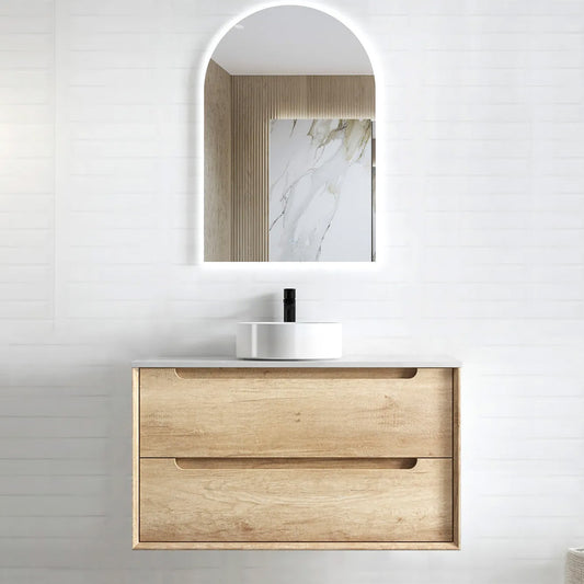 Otti Byron 900mm Natural Oak Wall Hung Vanity (Ultra Deluxe Stone Top, Silica Free Pure White, Semi Drill)
