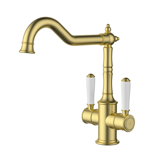 Ikon Clasico Twin Handle Sink Mixer Brushed Gold - Ceramic Handle