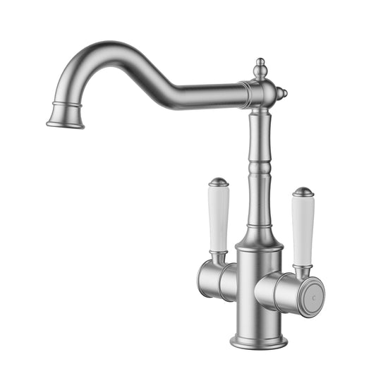 Ikon Clasico Twin Handle Sink Mixer Brushed Nickel - Ceramic Handle