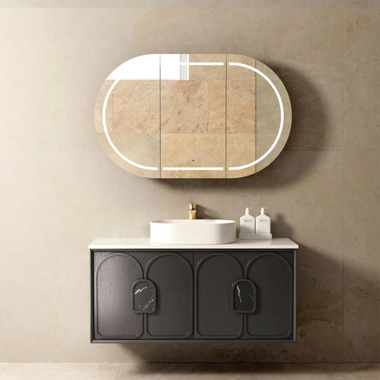 Otti Laguna 1200mm Black American Oak Wall Hung Vanity (Ultra Deluxe Stone Top, Silica Free Pure White, Semi Drill)