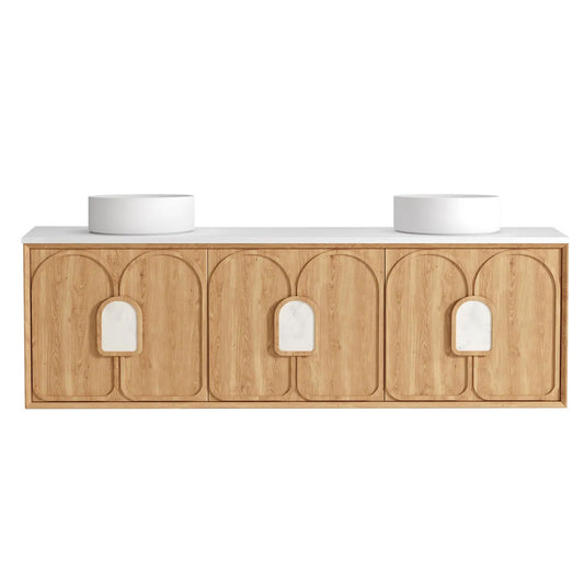 Otti Laguna 1800mm Natural American Oak Wall Hung Vanity (Ultra Deluxe Stone Top, Silica Free Pure White, Semi Drill)