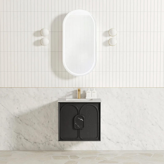 Otti Laguna 600mm Black American Oak Wall Hung Vanity (Undermount Stone Top, Natural Carrara Marble)