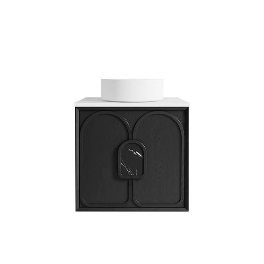 Otti Laguna 600mm Black American Oak Wall Hung Vanity (Ultra Deluxe Stone Top, Silica Free Pure White, Semi Drill)