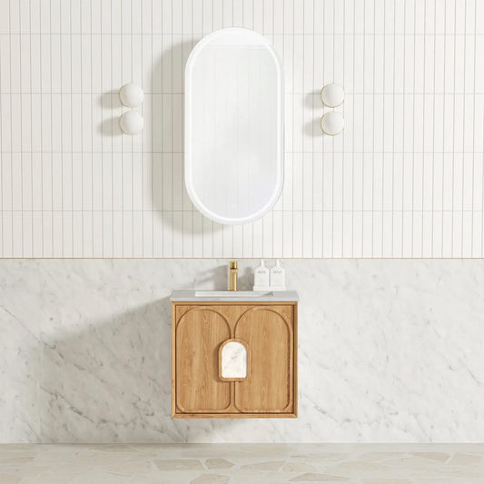 Otti Laguna 600mm Natural American Oak Wall Hung Vanity (Undermount Stone Top, Natural Carrara Marble)