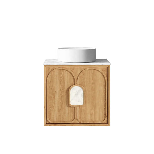 Otti Laguna 600mm Natural American Oak Wall Hung Vanity (Ultra Deluxe Stone Top, Silica Free Pure White, Semi Drill)