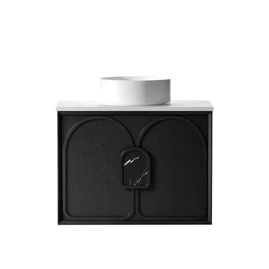 Otti Laguna 750mm Black American Oak Wall Hung Vanity (Ultra Deluxe Stone Top, Silica Free Matte White, Semi Drill)