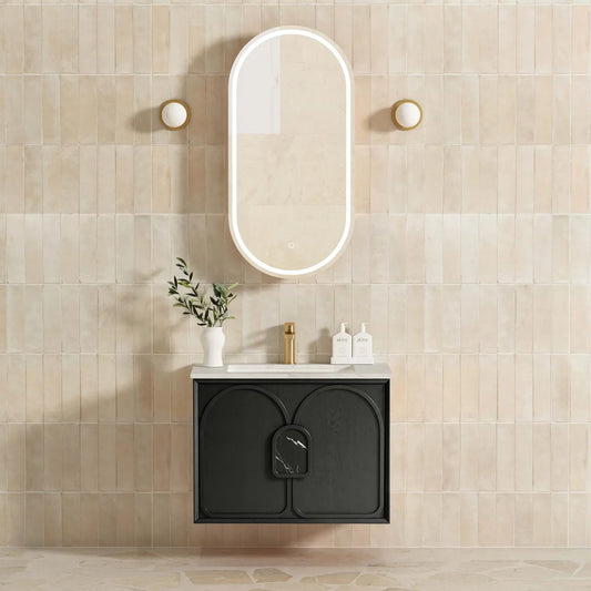Otti Laguna 750mm Black American Oak Wall Hung Vanity (Undermount Stone Top, Natural Carrara Marble)