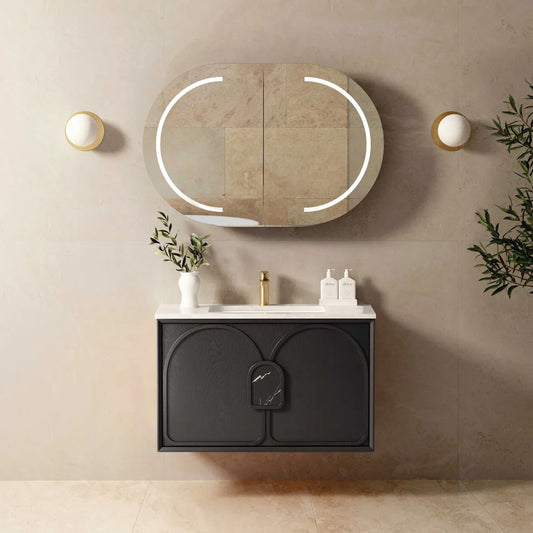 Otti Laguna 900mm Black American Oak Wall Hung Vanity (Undermount Stone Top, Natural Carrara Marble)