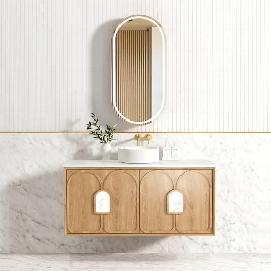 Otti Laguna Mark II 1200mm Woodland Oak Wall Hung Vanity (Ultra Deluxe Stone Top, Silica Free Pure White, Semi Drill)