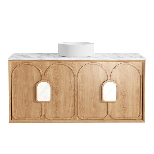 Otti Laguna Mark II 1200mm Woodland Oak Wall Hung Vanity (Natural Marble Top, Natural Carrara Marble)