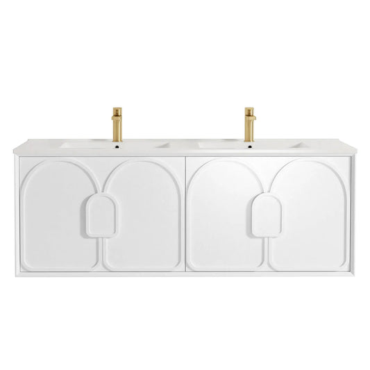 Otti Laguna Mark II 1500mm Matte White Wall Hung Vanity (Slimline Ceramic Top, Gloss White, Taphole 12 O'clock)