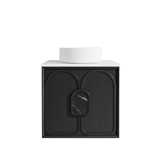 Otti Laguna Mark II 600mm Black Oak Wall Hung Vanity (Ultra Deluxe Stone Top, Silica Free Pure White, Semi Drill)