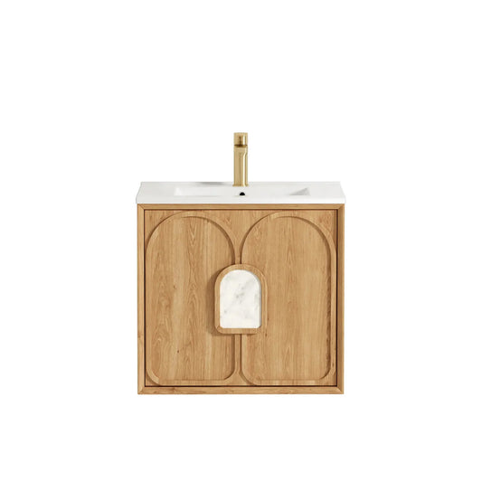 Otti Laguna Mark II 600mm Woodland Oak Wall Hung Vanity (Slimline Ceramic Top, Gloss White, Taphole 12 O'clock)