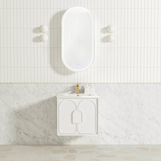 Otti Laguna Mark II 600mm Matte White Wall Hung Vanity (Slimline Ceramic Top, Gloss White, Taphole 12 O'clock)