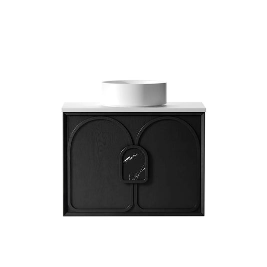 Otti Laguna Mark II 750mm Black Oak Wall Hung Vanity (Ultra Deluxe Stone Top, Silica Free Matte White, Semi Drill)