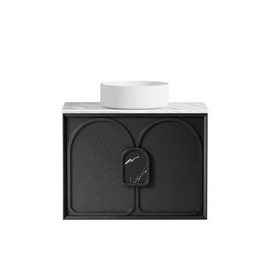 Otti Laguna Mark II 750mm Black Oak Wall Hung Vanity (Natural Marble Top, Natural Carrara Marble)