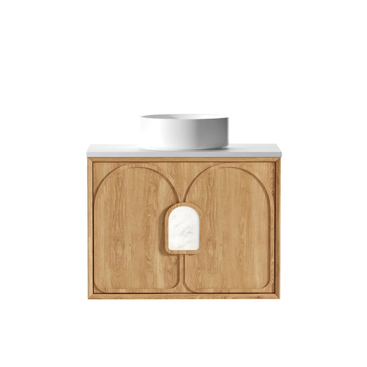 Otti Laguna Mark II 750mm Woodland Oak Wall Hung Vanity (Ultra Deluxe Stone Top, Silica Free Matte White, Semi Drill)