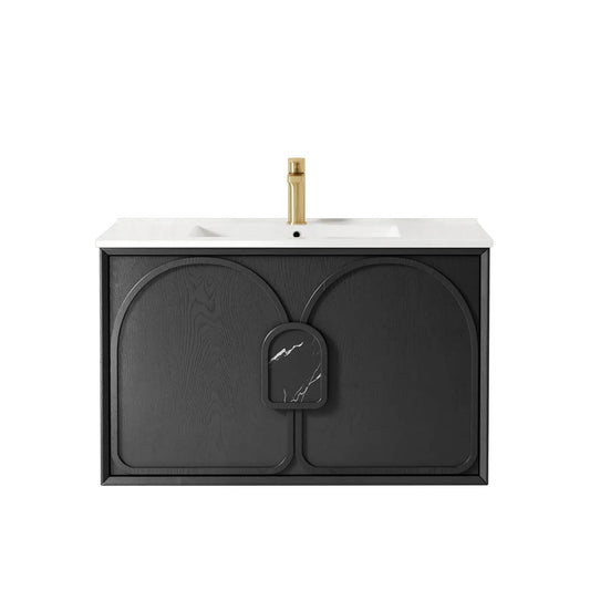 Otti Laguna Mark II 900mm Black Oak Wall Hung Vanity (Slimline Ceramic Top, Gloss White, Taphole 12 O'clock)