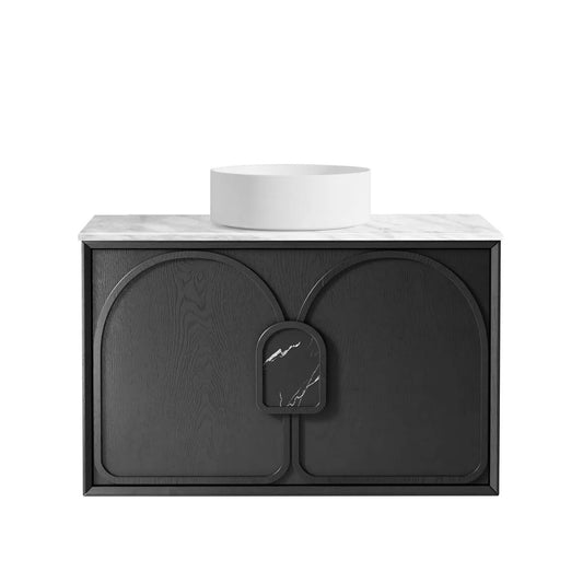 Otti Laguna Mark II 900mm Black Oak Wall Hung Vanity (Natural Marble Top, Natural Carrara Marble)