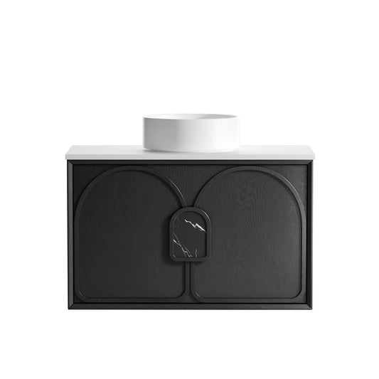 Otti Laguna Mark II 900mm Black Oak Wall Hung Vanity (Ultra Deluxe Stone Top, Silica Free Pure White, Semi Drill)
