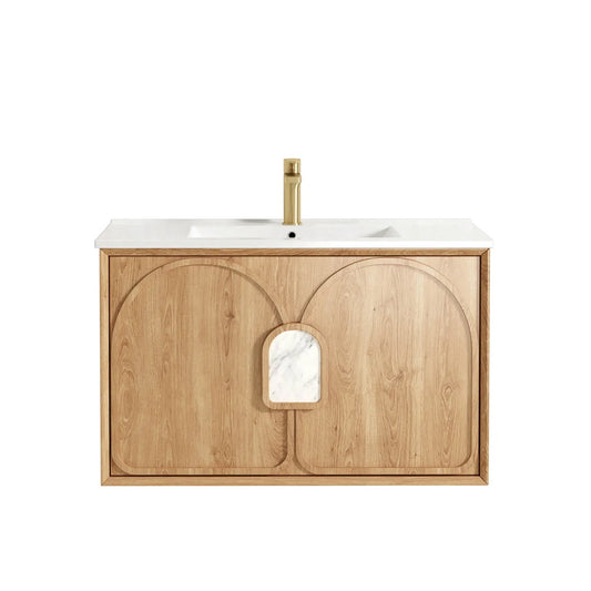 Otti Laguna Mark II 900mm Woodland Oak Wall Hung Vanity (Slimline Ceramic Top, Gloss White, Taphole 12 O'clock)