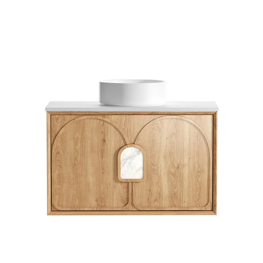 Otti Laguna Mark II 900mm Woodland Oak Wall Hung Vanity (Ultra Deluxe Stone Top, Silica Free Matte White, Semi Drill)